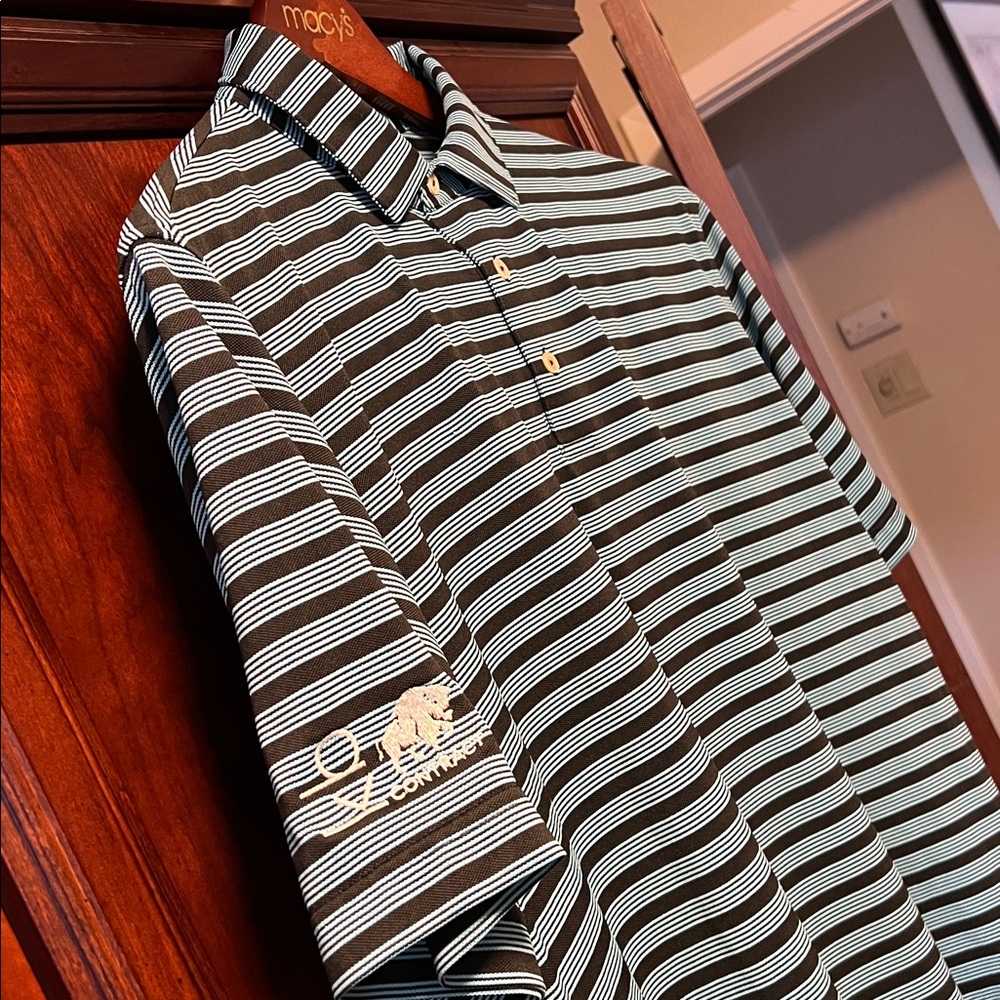 Like New Peter Millar Blue & Black Classic Striped Stretch Lightweight Golf Polo